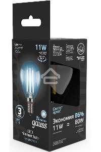 Лампа филам. Gauss Filament 11Вт цок.:E14 шар 220B 4100K св.свеч.бел.ней. (упак.:10шт) (105801211)