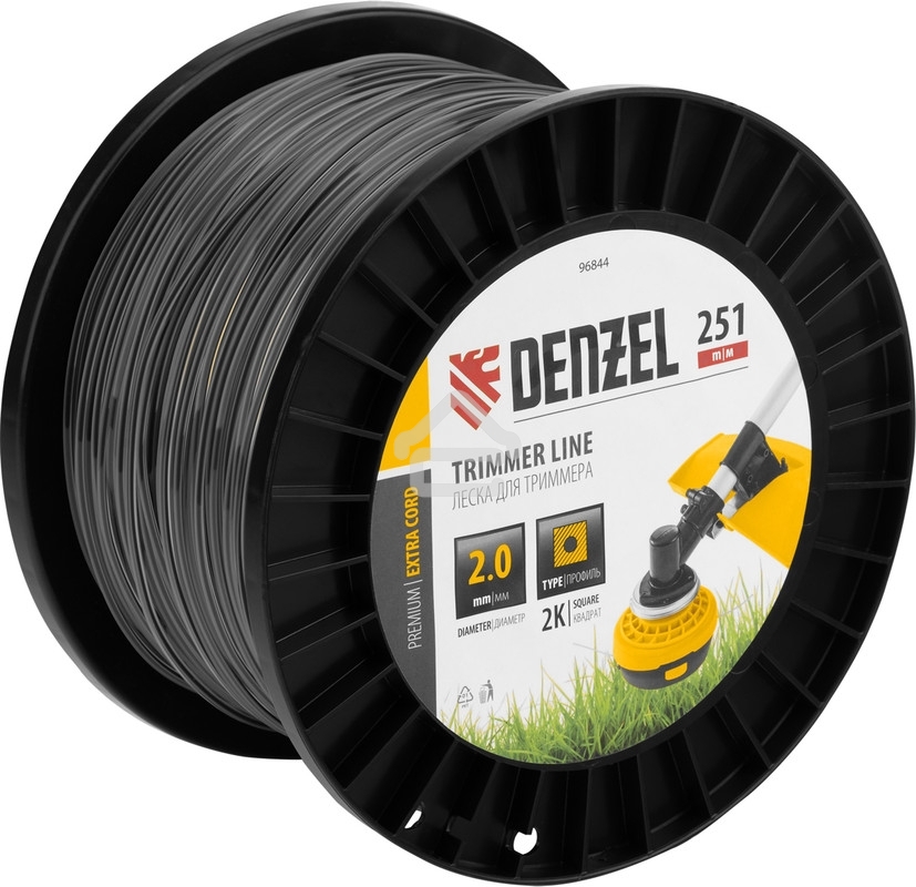 Леска для триммера Denzel двухкомпонентная, квадрат, 2,0 мм х 251 м, на DIN катушке EXTRA CORD