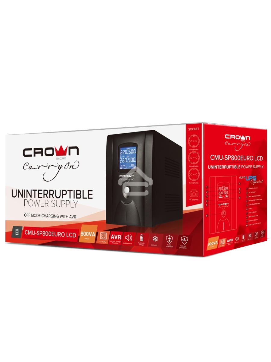 Источник бесперебойного питания CROWN 800VA/450W, металл, 1x12V/9AH, розетки 3*EURO+1*IEC bybass, трансформатор AVR 145-280V, LCD дисплей, съёмный кабель 1.2м, фильтр телефонной и ethernet линии RJ11/45, защита батареи, от перегрузки, от КЗ