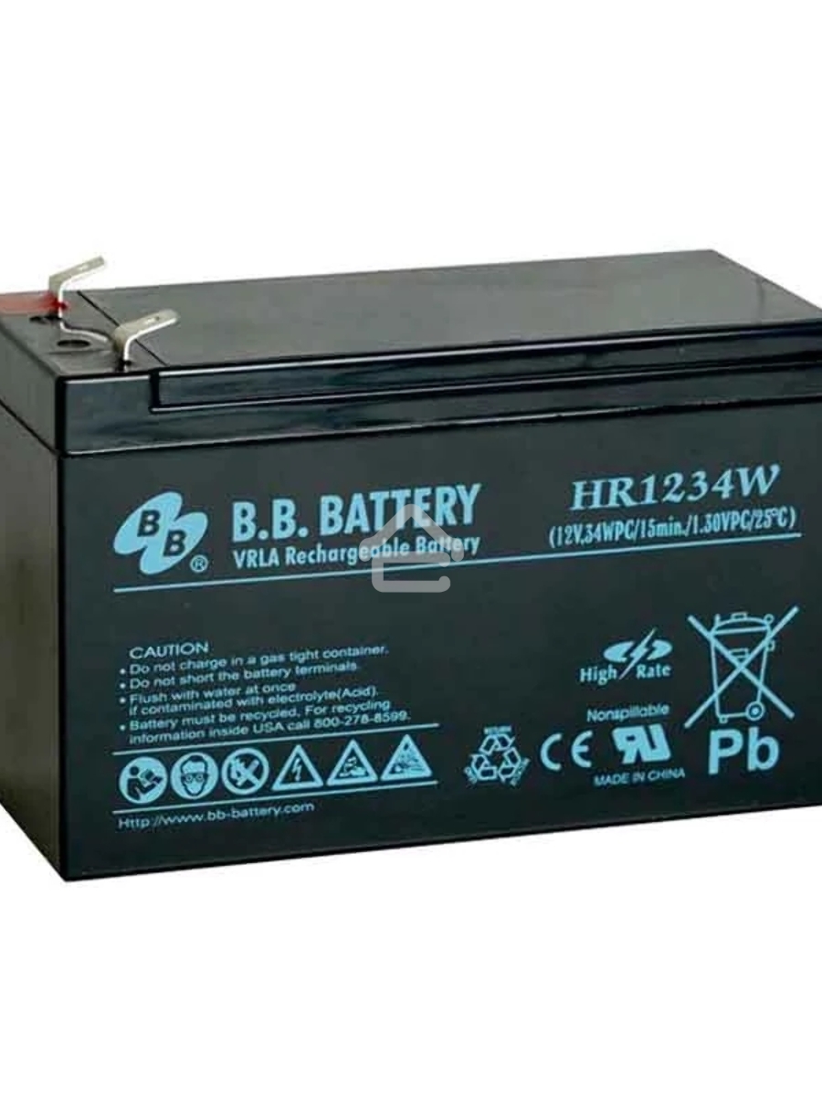 Батарея B.B. Battery серия HR, HR1234W, напряжение 12В, емкость 9Ач (разряд 20 часов), емкость 7Ач (разряд 10 часов), макс. ток разряда (5 сек.) 105А, макс. ток заряда 2.1A, свинцово-кислотная типа AGM, клеммы Т2, ДxШxВ 151x65x100мм., вес 2.5кг., срок слу