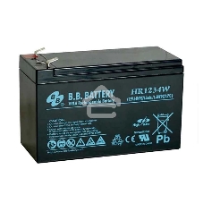Батарея для ИБП B.B. Battery серия HR, HR1234W, напряжение 12В, емкость 9А·ч (разряд 20 часов), емкость 7А·ч (разряд 10 часов), макс. ток разряда (5 сек.) 105А, макс. ток заряда 2.1A, свинцово-кислотная типа AGM, клеммы Т2, ДxШxВ 151x65x100мм., вес 2.5кг.