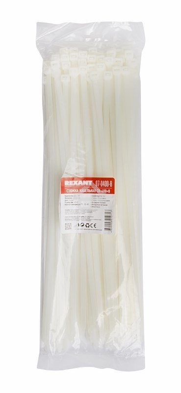 Хомут-стяжка кабельная нейлоновая Rexant 400 x7,6 мм, белая, упаковка 100 шт.