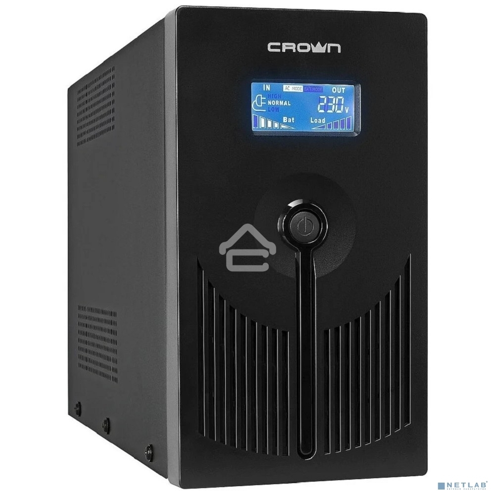 Источник бесперебойного питания CROWN 800VA/450W, металл, 1x12V/9AH, розетки 3*EURO+1*IEC bybass, трансформатор AVR 145-280V, LCD дисплей, съёмный кабель 1.2м, фильтр телефонной и ethernet линии RJ11/45, защита батареи, от перегрузки, от КЗ