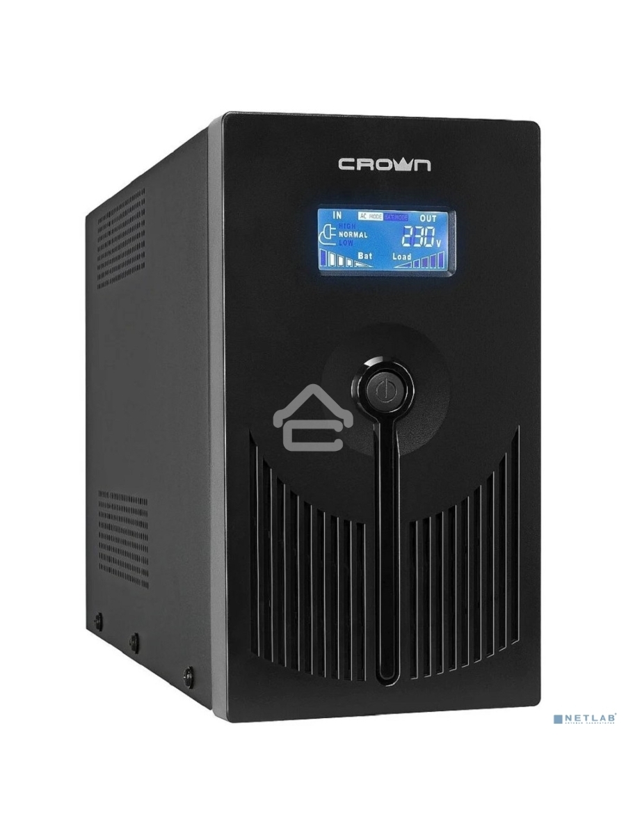 Источник бесперебойного питания CROWN 800VA/450W, металл, 1x12V/9AH, розетки 3*EURO+1*IEC bybass, трансформатор AVR 145-280V, LCD дисплей, съёмный кабель 1.2м, фильтр телефонной и ethernet линии RJ11/45, защита батареи, от перегрузки, от КЗ