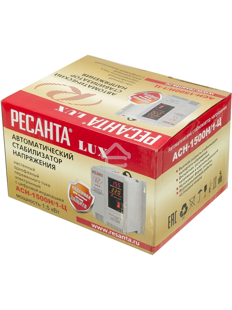 Стабилизаторы напряжения Ресанта АСН-1 500 Н/1-Ц 63/6/20 Стабилизатор Lux {220В±8%, Габариты 206х133х230, Вес 4,5кг}