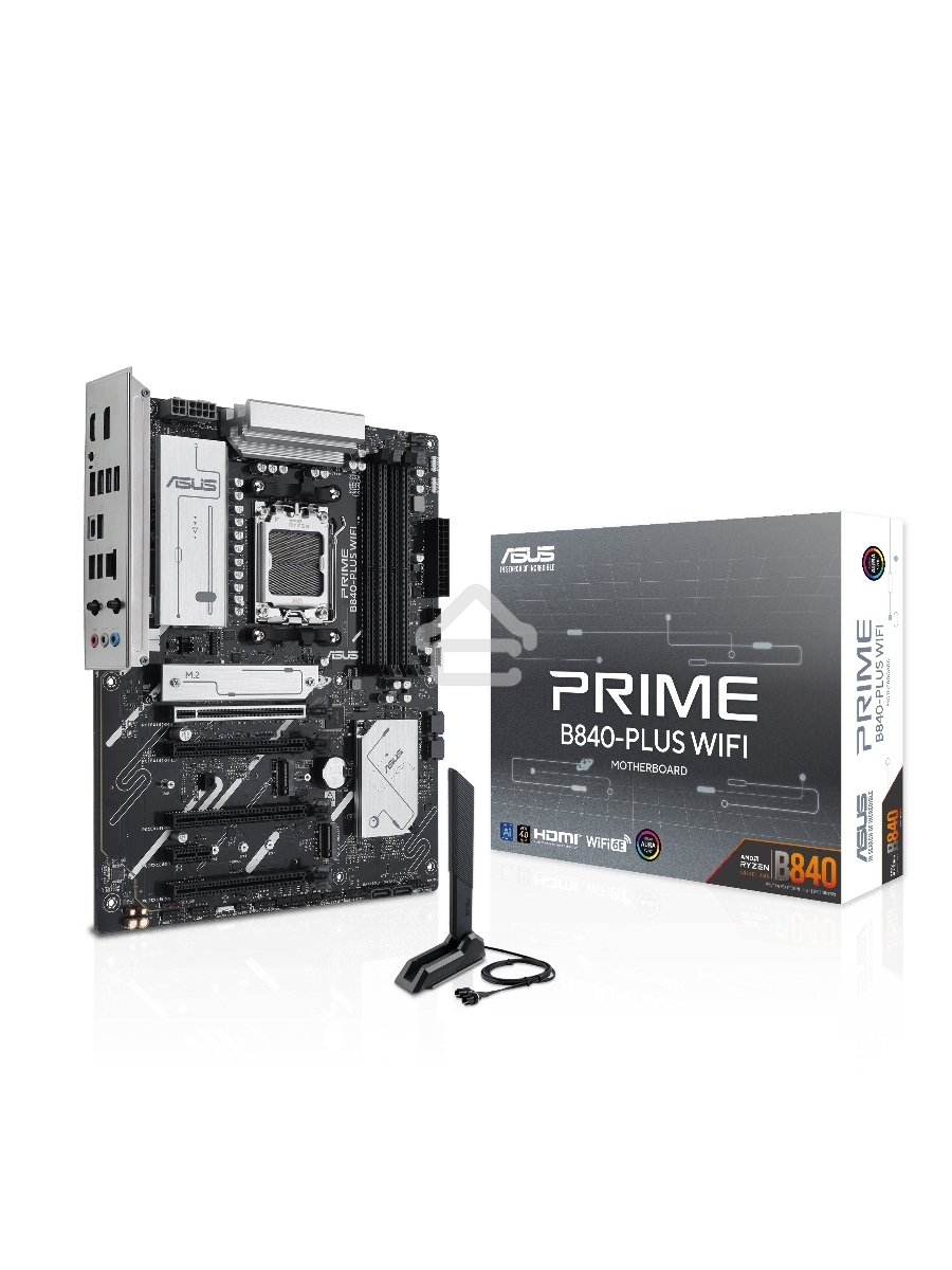 Материнская плата ASUS PRIME B840-PLUS WIFI, AM5, AMD B840, 4xDDR5, 4xSATA, 3xM.2, 1xPCIe 4.0 x16, 1xPCIe 3.0 x16, 2xPCIe 3.0 x16, 1xPCIe 3.0 x1, 1xDP, 1xHDMI, 1x 2.5Gb LAN, 8xUSB-A, 3x3.5 мм, 7.1, ATX