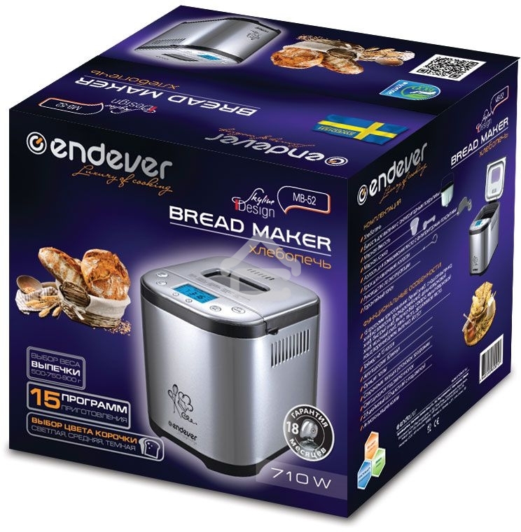 Хлебопечка Endever Skyline MB-52, 710Вт, 15 программ, таймер 15ч, сохранение уст. прогр., авт. термостат, автоподогрев 60 мин