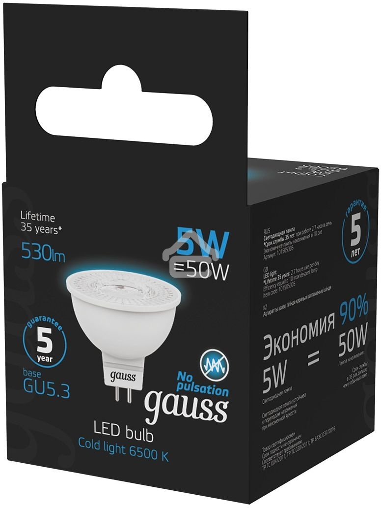 Лампа светодиодная Gauss 101505305 5Вт цок.: GU5.3 рефлек. 220B 6500K св. свеч. бел. хол. (упак.: 10 шт)