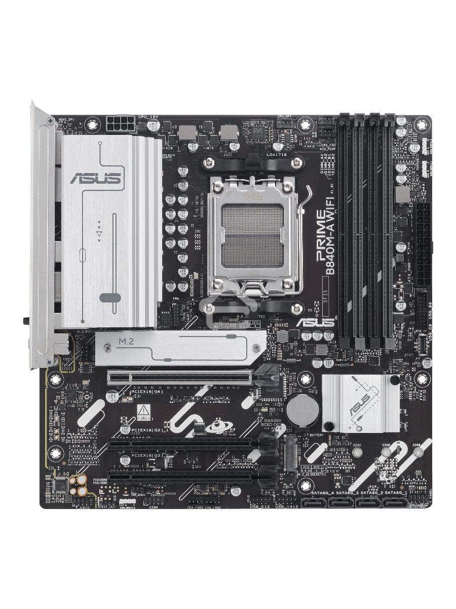 Материнская плата ASUS PRIME B840M-A WIFI, AM5, AMD B840, 4xDDR5, 4xSATA III, 3xM.2, 1xPCIe 4.0 x16, 2xPCIe 3.0 x16 (x1), 2xDP, 1xHDMI, 1x 2.5Gb LAN, Wi-Fi 6E, 2xUSB-A 10Gbps, 1xUSB-C 5Gbps, 4xUSB-A 2.0, 3x3.5 мм, 7.1, micro-ATX