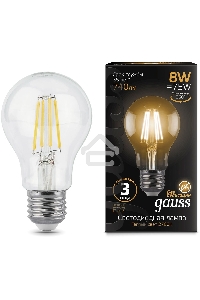 Лампа филам. Gauss 8Вт цок.:E27 шар 220B 2700K св.свеч.бел.теп. A60 (упак.:10шт) (102802108)