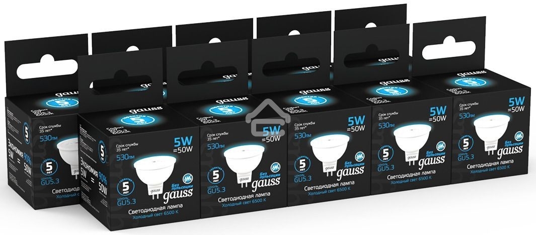 Лампа светодиодная Gauss 101505305 5Вт цок.: GU5.3 рефлек. 220B 6500K св. свеч. бел. хол. (упак.: 10 шт)