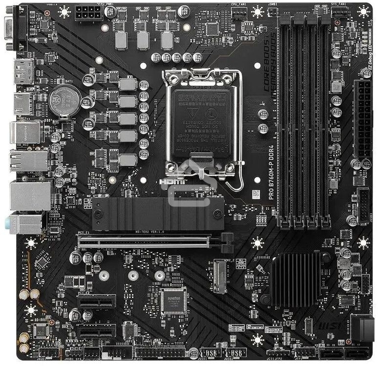 Материнская плата MSI PRO B760M-P DDR4, LGA 1700, Intel B760, 4xDDR4, 4xSATA, 2xM.2, 1xPCIe 4.0 x16, 2xPCIe 3.0 x1, 1xHDMI, 1xDP, 1xVGA, 1x1Gb LAN, 4xUSB-A 2.0, 1xUSB-A 3.2 Gen 1, 1xUSB-C 3.2 Gen 2, 3x3.5 мм, 7.1, mATX