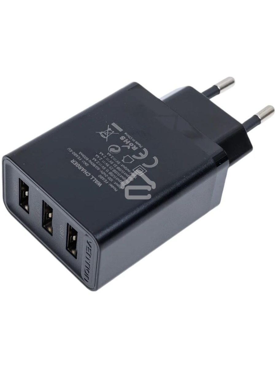 Сетевое зарядное устройство Vention на 3 порта USB 2.4A Черный