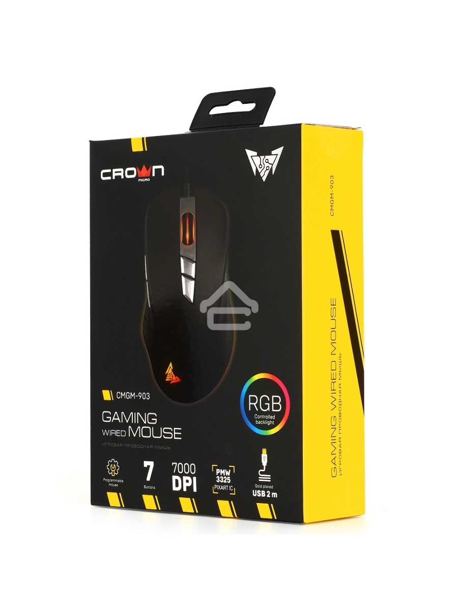Мышь проводная Crown CMGM-903 черный, 7000 dpi, USB, кнопки - 7