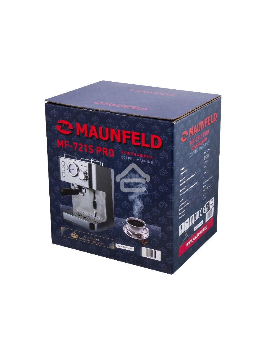 Кофеварка рожковая Maunfeld MF-721S PRO нержавеющая сталь, исп. кофе - молотый/чалды, 1.5 л, 1140 Вт, 15 Бар.