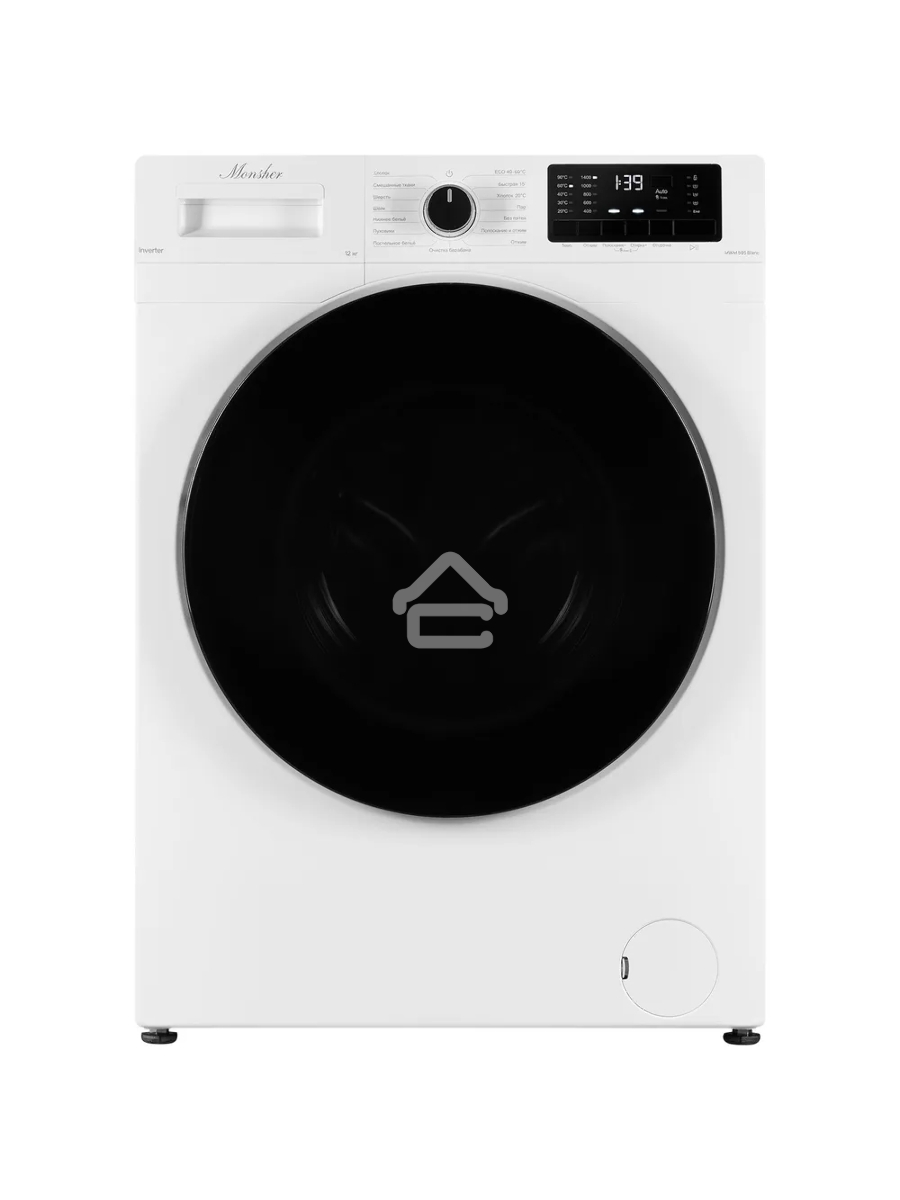 Стиральная машина MONSHER MWM 595 Blanc, High-Tech, загрузка 12 кг, 15 программ, 1400 об/мин. кнопочное/механическое управление, инверторный двигатель, отложенный старт, самодиагностика, блокировка от детей, энергоэффективность А+++, цвет белый