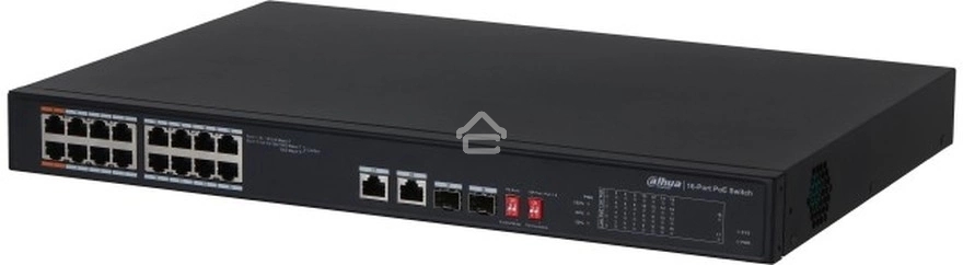 Неуправляемый 16-портовый коммутатор DAHUA DH-S3218-16ET-135 с РоЕ, 16xRJ45 100Mb, 2хКомбо SFP/RJ45 1Gb uplink, суммарно до 135Вт, коммутация 7.2 Гбит/с, MAC-таблица 8К