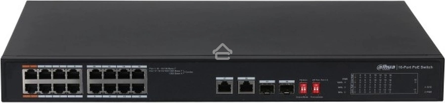 Неуправляемый 16-портовый коммутатор DAHUA DH-S3218-16ET-135 с РоЕ, 16xRJ45 100Mb, 2хКомбо SFP/RJ45 1Gb uplink, суммарно до 135Вт, коммутация 7.2 Гбит/с, MAC-таблица 8К