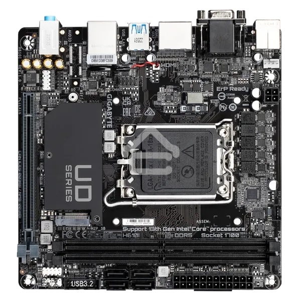 Материнская плата Gigabyte H610I, LGA 1700, Intel H610, 2xDDR5, 4xSATA, 1xM.2, 1xPCIe 4.0 x16, 1xHDMI, 1xVGA, 2xDP, 1x 1Gb LAN, 2xUSB-A 3.2 Gen 1, 4xUSB-A 2.0, 3x 3.5 мм, 7.1, Mini-ITX