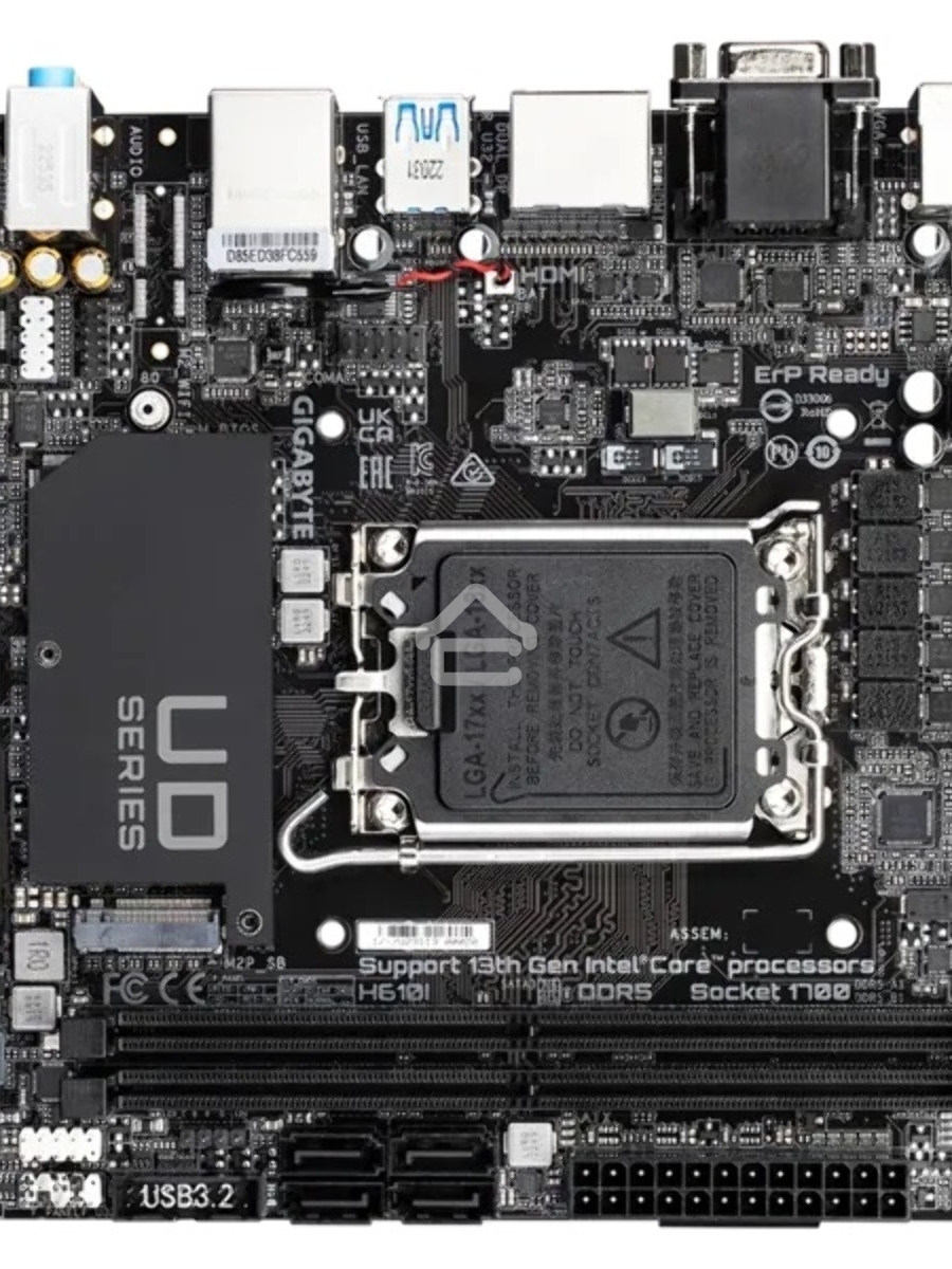 Материнская плата Gigabyte H610I, LGA 1700, Intel H610, 2xDDR5, 4xSATA, 1xM.2, 1xPCIe 4.0 x16, 1xHDMI, 1xVGA, 2xDP, 1x 1Gb LAN, 2xUSB-A 3.2 Gen 1, 4xUSB-A 2.0, 3x 3.5 мм, 7.1, Mini-ITX