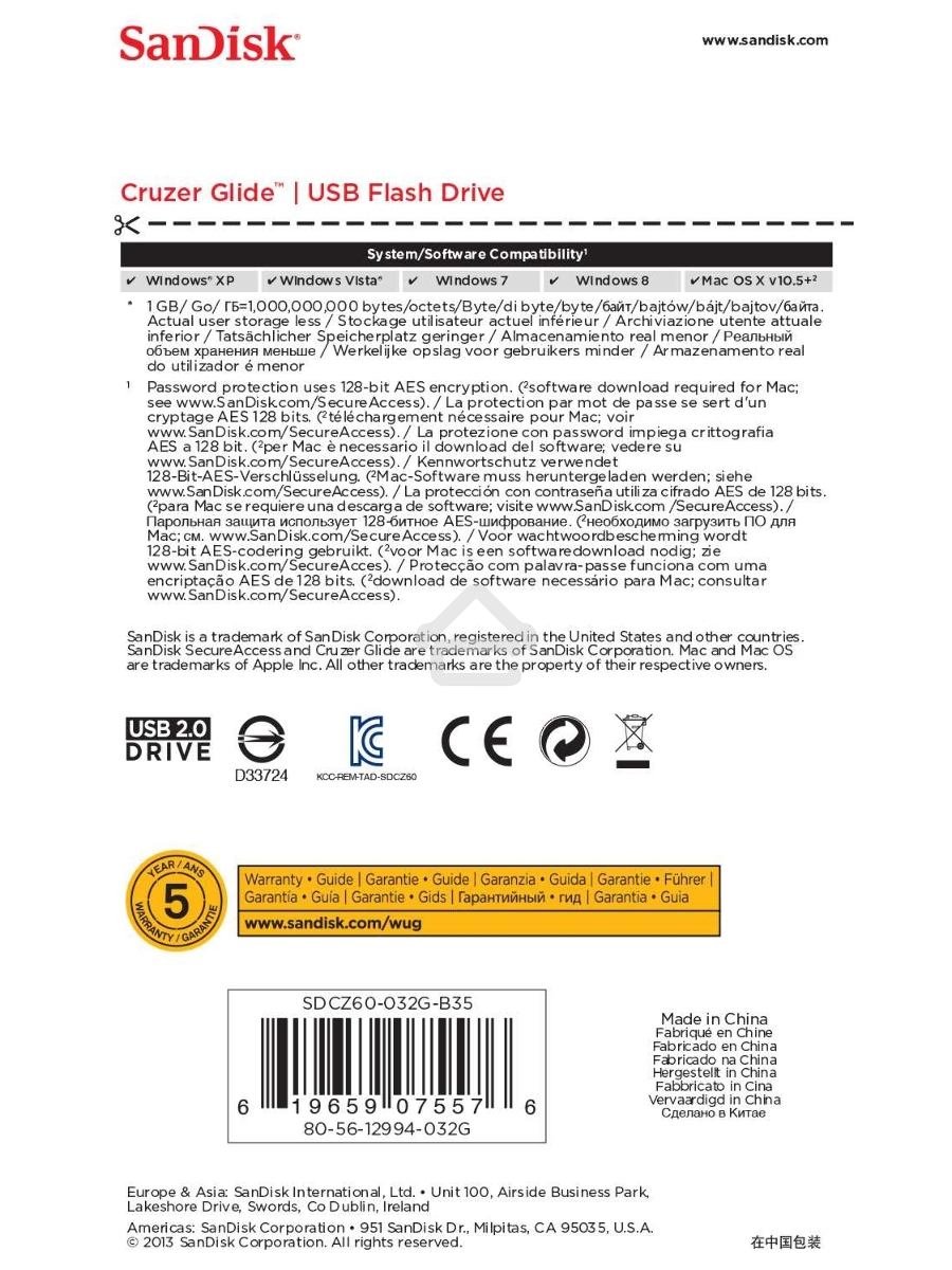 Флеш диск Sandisk 32Gb Cruzer Glide SDCZ60-032G-B35 USB2.0 черный