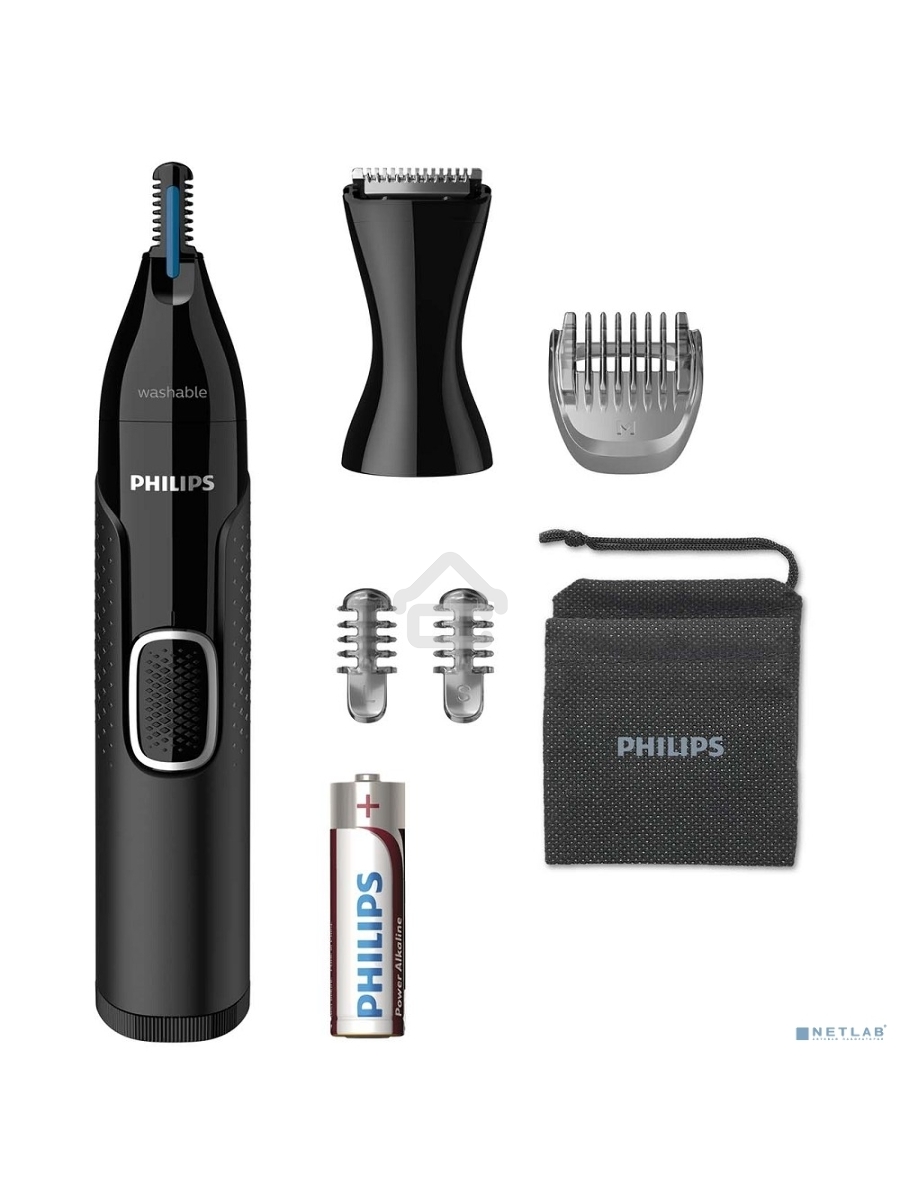 Триммер Philips для носа и ушей, черный, корпус - пластик, 3 насадки-гребня, насадка - триммер, щеточка для очистки, мягкий чехол, батарейка