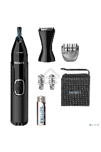 Триммер Philips для носа и ушей, черный, корпус - пластик, 3 насадки-гребня, насадка - триммер, щеточка для очистки, мягкий чехол, батарейка