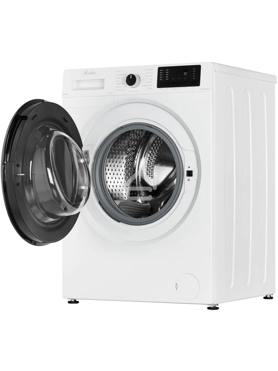 Стиральная машина MONSHER MWM 595 Blanc, High-Tech, загрузка 12 кг, 15 программ, 1400 об/мин. кнопочное/механическое управление, инверторный двигатель, отложенный старт, самодиагностика, блокировка от детей, энергоэффективность А+++, цвет белый