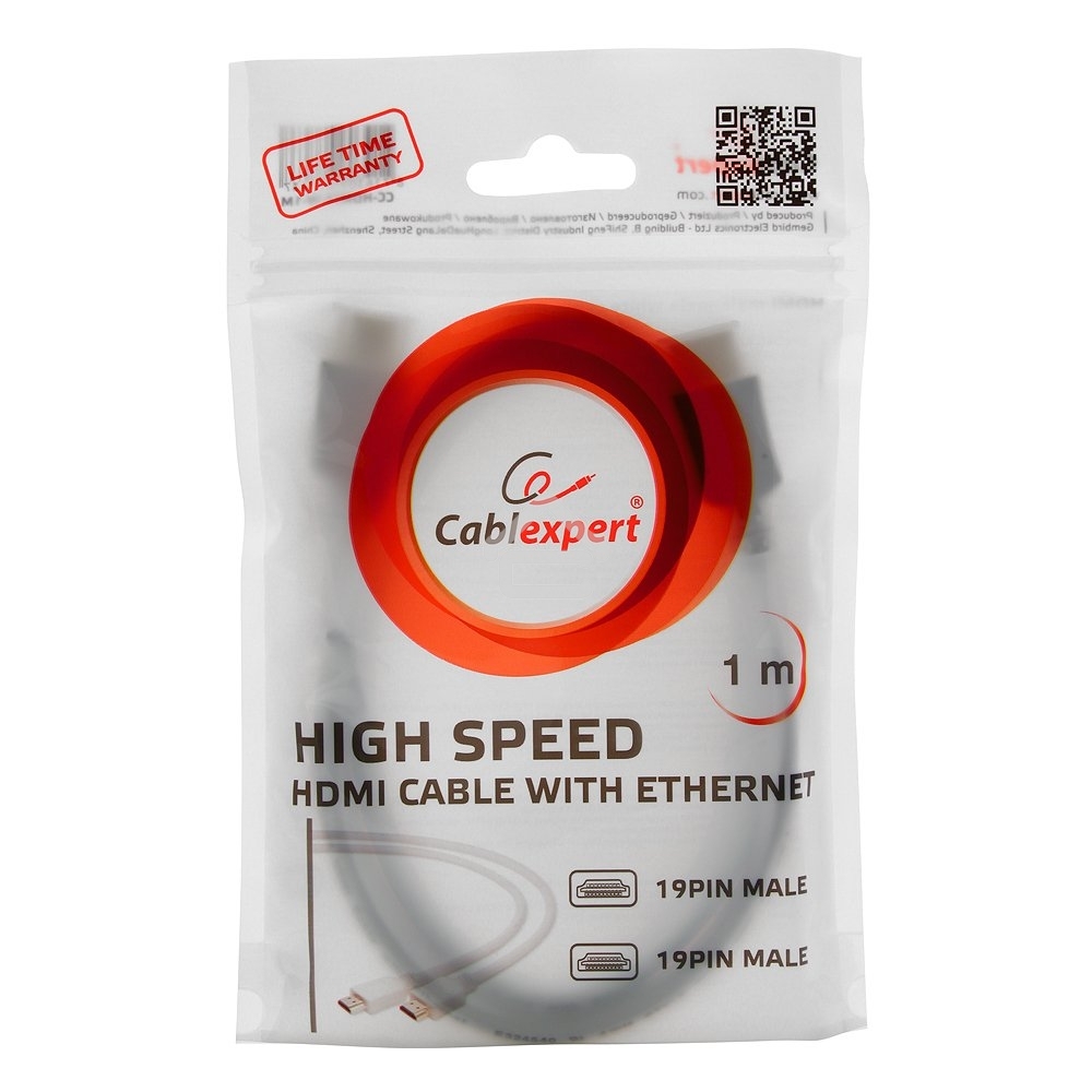 Кабель Cablexpert HDMI CC-HDMI4-W-1M, 19M/19M, v2.0, медь, позол.разъемы, экран, 1м, белый, пакет
