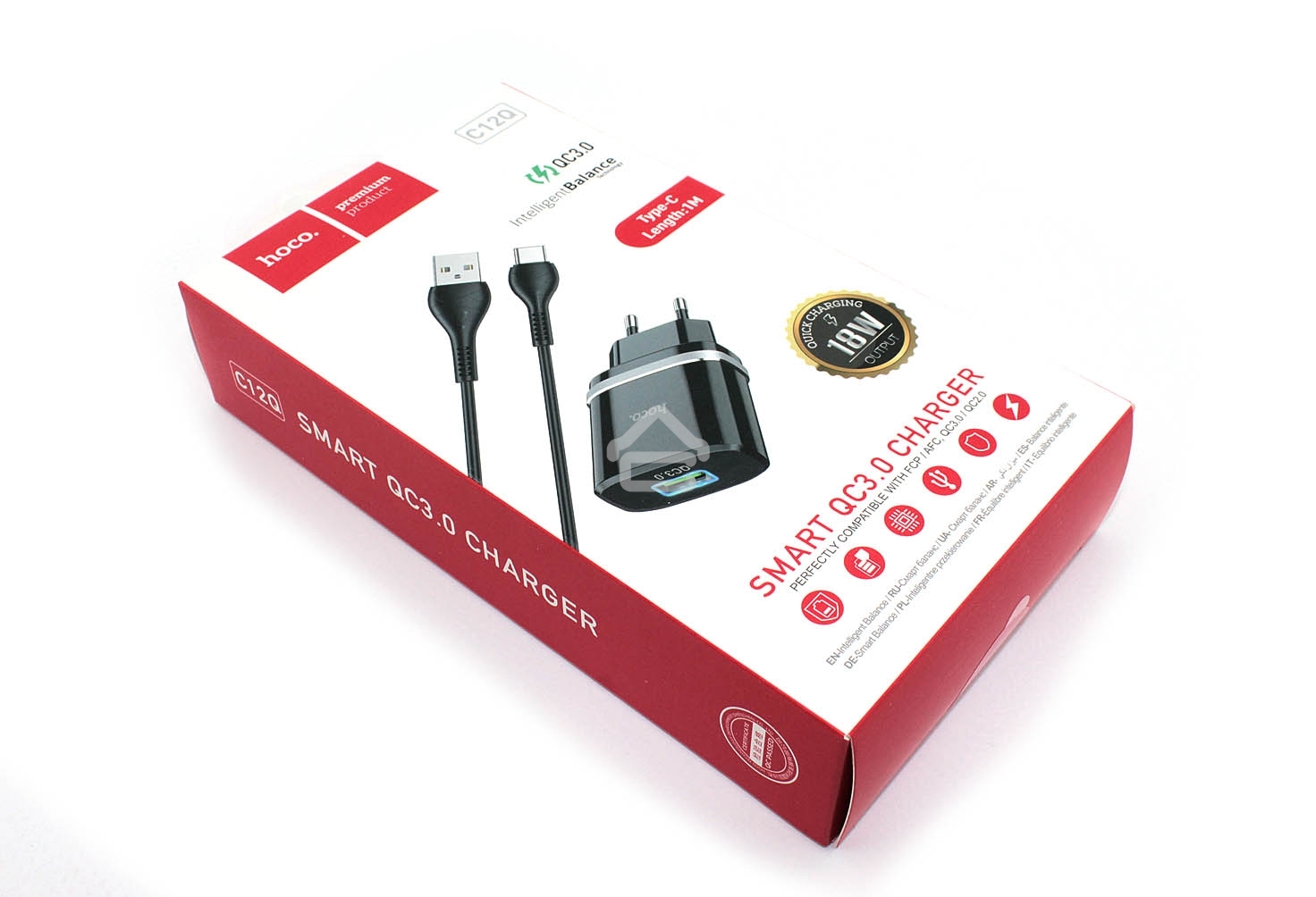 Блок питания (сетевой адаптер) HOCO С12Q Smart QC3.0, кабель Type-C-USB, 5V, 3.0A, черный