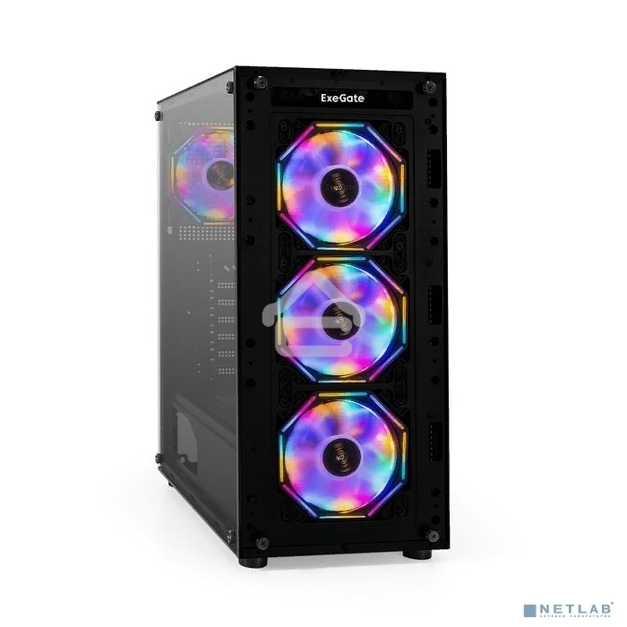 Компьютерный корпус Miditower ExeGate i3 BASE (ATX, без БП, с окном, 1*USB+1*USB 3.0, аудио, 4 вент. 12см с RGb подсветкой)
