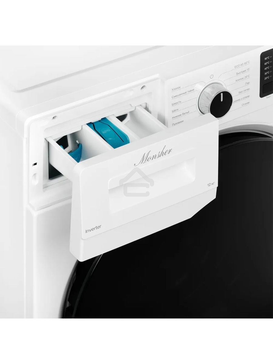 Стиральная машина MONSHER MWM 595 Blanc, High-Tech, загрузка 12 кг, 15 программ, 1400 об/мин. кнопочное/механическое управление, инверторный двигатель, отложенный старт, самодиагностика, блокировка от детей, энергоэффективность А+++, цвет белый