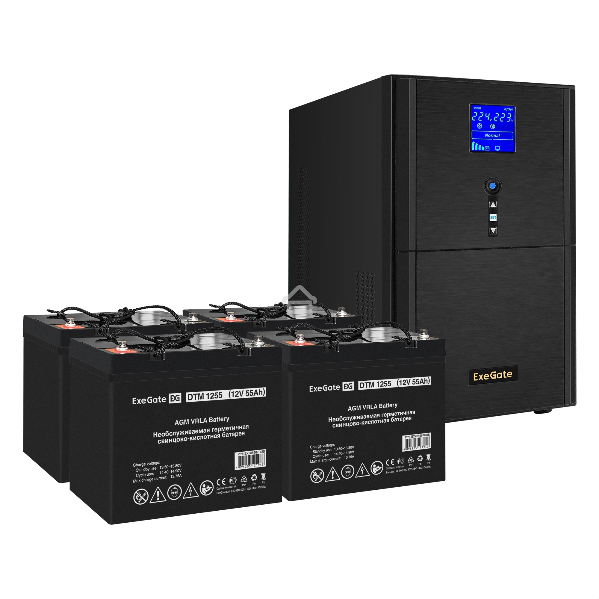 Комплект ИБП EX295990RUS + батарея 55Aч EX285667RUS 4шт (инвертор, синус, для котла) ExeGate SineTower SZ-3000.LCD.AVR.3SH.1C13.RJ.USB <3000VA/2400W, чистый синусоида, LCD дисплей, AVR, 3*Schuko+1*C13, RJ45/11, USB, линейно-интерактивный, Black> + батарея
