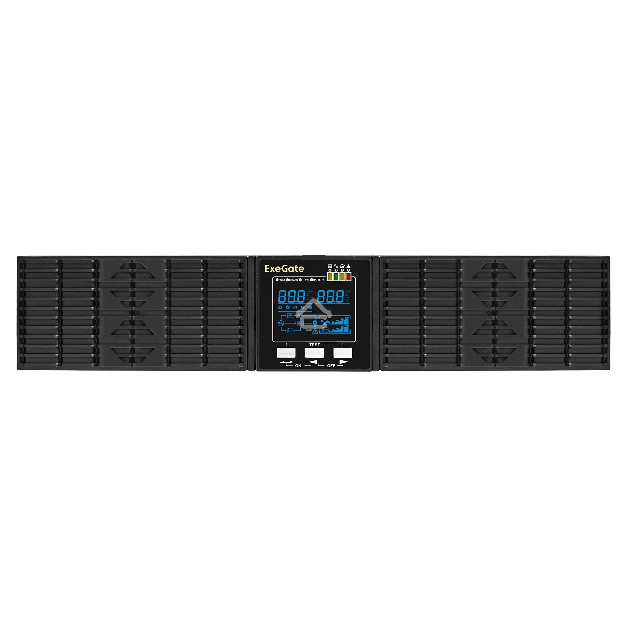 Источник бесперебойного питания On-line ExeGate PowerExpert ULS-575-6kVA.LCD.AVR.T.USB.RS232.SNMP.2U 6000VA/6000W, On-Line, PF=1, LCD, клеммы, RS232, USB, SNMP-slot, EPO, батареи внешние 192В/240В суммарной емкостью до 400Ah, Rackmount 2U/Tower, металличе