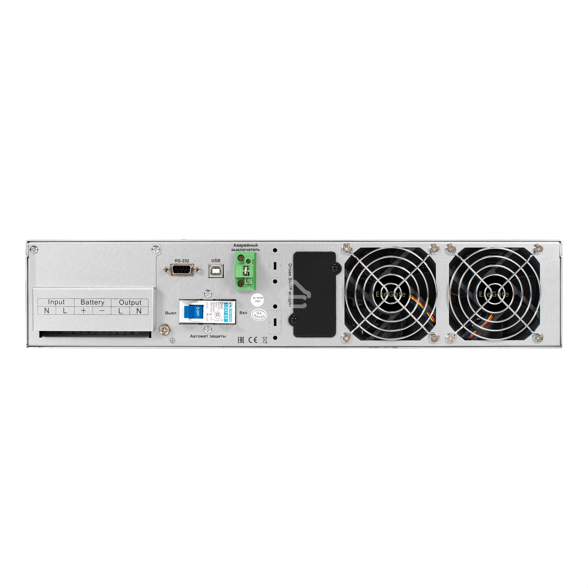 Источник бесперебойного питания On-line ExeGate PowerExpert ULS-575-6kVA.LCD.AVR.T.USB.RS232.SNMP.2U 6000VA/6000W, On-Line, PF=1, LCD, клеммы, RS232, USB, SNMP-slot, EPO, батареи внешние 192В/240В суммарной емкостью до 400Ah, Rackmount 2U/Tower, металличе