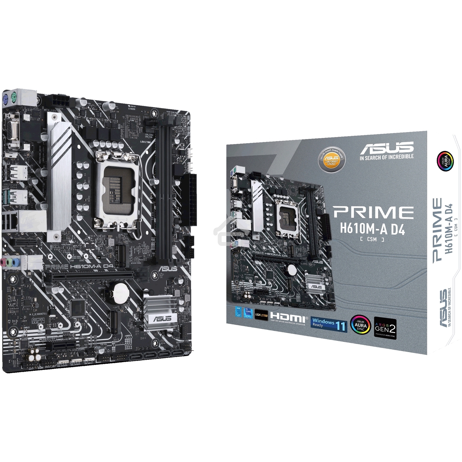 Материнская плата ASUS PRIME H610M-A D4-CSM, LGA 1700, Intel H610, 2xDDR4, 4xSATA, 2xM.2, 1xPCIe 4.0 x16, 1xPCIe x1, 1xDP, 1xD-Sub, 1xHDMI, 1x 1Gb LAN, 4xUSB-A 2.0, 2xUSB-A 3.2 Gen 1, 7.1, mATX