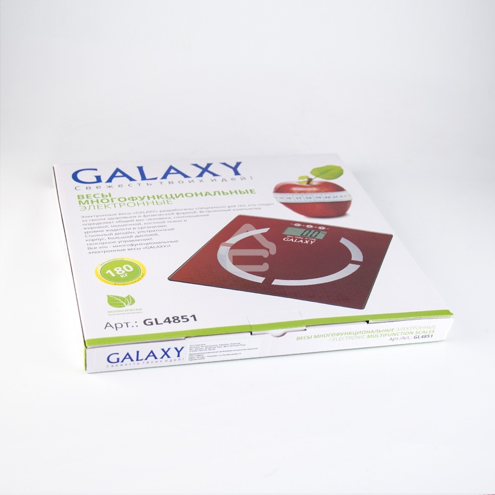 Весы многофункциональные Galaxy GL 4851, красный, электронные, эл. пит. «CR2032» в компл., макс вес 180 кг, сверхточ. элек. сенс. сист., ЖК-дисплей, авто. откл., индик. перег. и низ. зар., пам. изм. веса (10 чел.), опр. ур. жир., мышеч., кост. массы