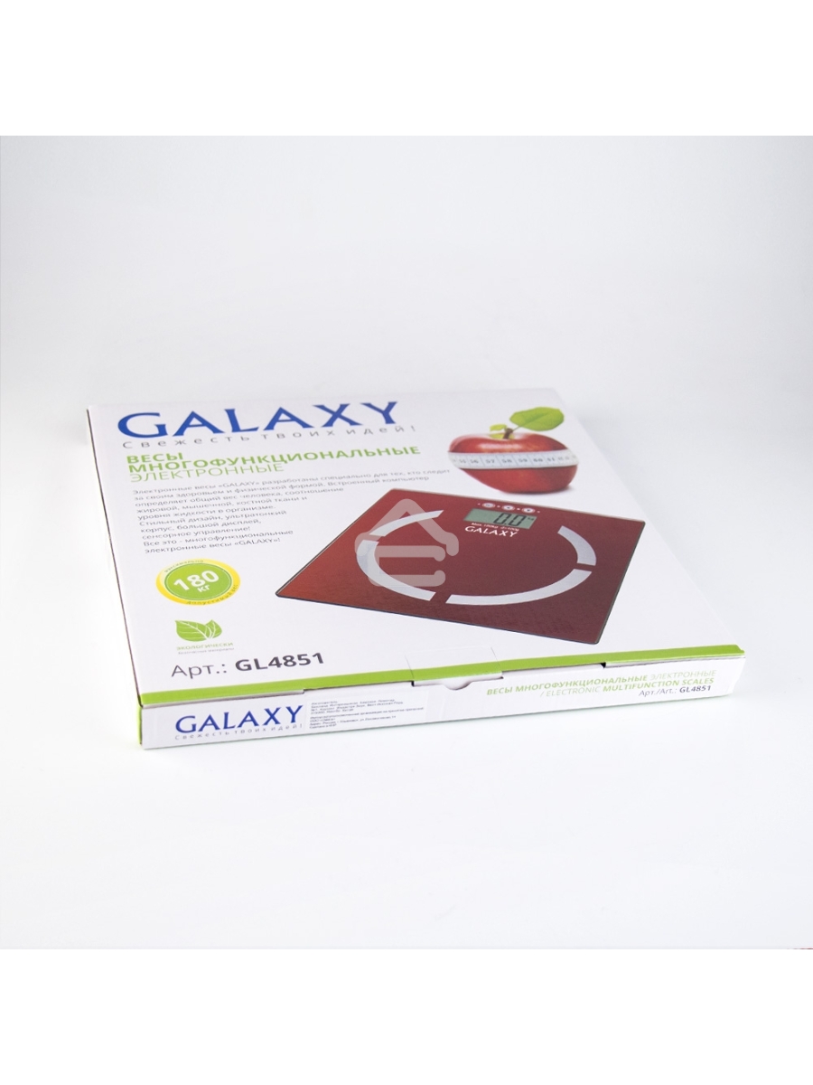 Весы многофункциональные Galaxy GL 4851, красный, электронные, эл. пит. «CR2032» в компл., макс вес 180 кг, сверхточ. элек. сенс. сист., ЖК-дисплей, авто. откл., индик. перег. и низ. зар., пам. изм. веса (10 чел.), опр. ур. жир., мышеч., кост. массы