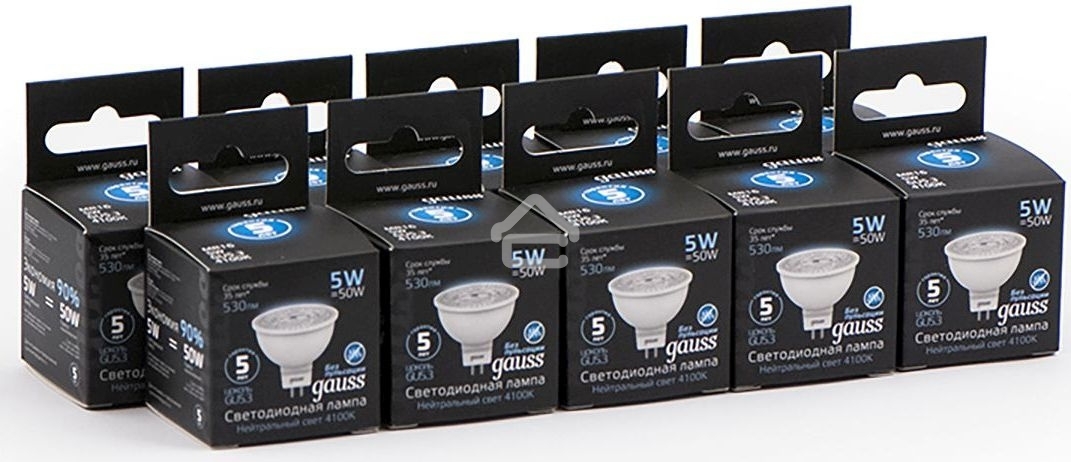 Лампа светодиодная Gauss черный 5Вт цок.: GU5.3 рефлектор 220B 4100K св. свеч. белый ней. MR16 (упак.: 10 шт)