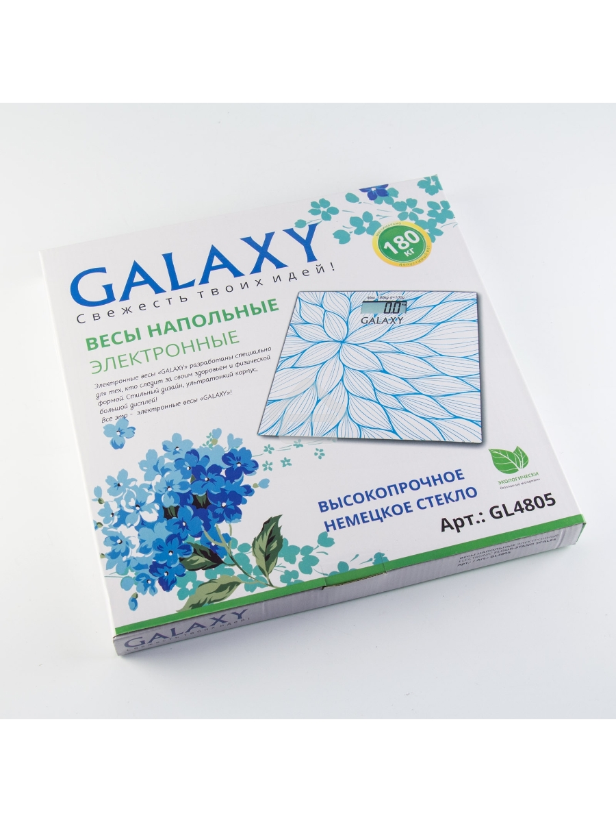 Весы напольные GALAXY GL 4805, белый, электронные, элемент питания «CR2032» в компл., макс допуст. вес 180 кг, сверхточ. электр. сист., платф. из высокопроч. стек., ЖК-дисплей, авто. откл., индик. перег., индик. низ. зар. элем. пит., прорез. ножки