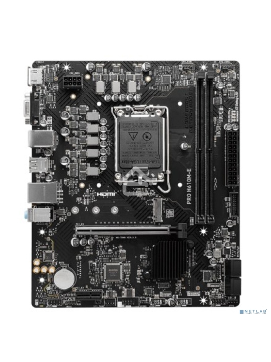 Материнская плата MSI PRO H610M-E, LGA 1700, Intel H610, 2xDDR5, 4xSATA, 1xM.2, 1xPCIe 4.0 x16, 1xPCIe 4.0 x1, 1xHDMI, 1xVGA, 1xRJ45 1Gb, 2xUSB-A 3.2 Gen 1, 4xUSB-A 2.0, 3x3.5мм, 7.1, mATX