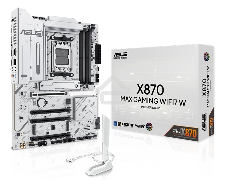 Материнская плата ASUS X870 MAX GAMING WIFI7 W, AM5, AMD X870, 4xDDR5, 4xSATA, 3xM.2, 1xPCIe 5.0 x16, 2xPCIe 4.0 x16, 1xPCIe 3.0 x16, 1xHDMI, 2xUSB Type-C (Display), 1x2.5Gb LAN, Wi-Fi 7, Bluetooth 5.4, 2xUSB-C 40Gbps, 1xUSB-A 10Gbps, 3xUSB-A 5Gbps, 4xUSB