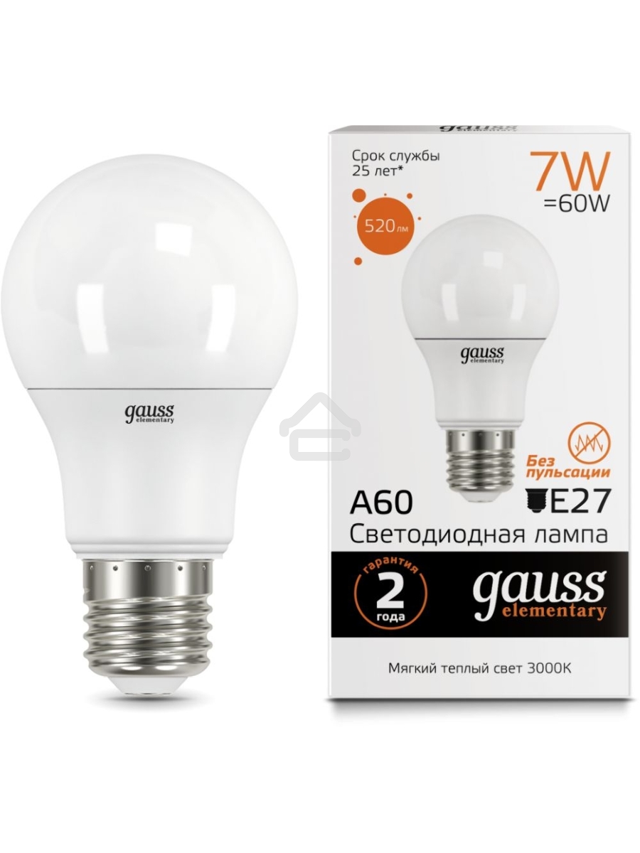 Светодиодная лампа GAUSS 23217A LED Elementary A60 7W E27 520lm 2700K 1/10/100 0