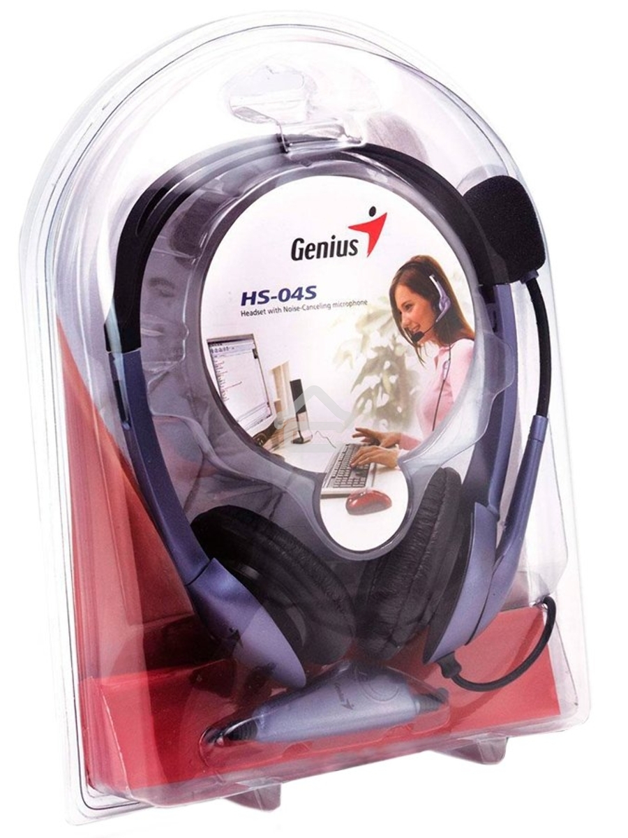 Проводная гарнитура Genius HS-04S (крепление - оголовье, накладные наушники, разъем mini jack 3.5 мм, фиксированное крепление микрофона.) Цвет сиреневый.