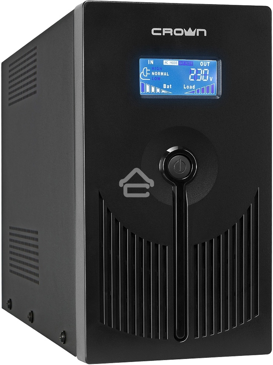 Источник бесперебойного питания CROWN 800VA/450W, металл, 1x12V/9AH, розетки 3*EURO+1*IEC bybass, трансформатор AVR 145-280V, LCD дисплей, съёмный кабель 1.2м, фильтр телефонной и ethernet линии RJ11/45, защита батареи, от перегрузки, от КЗ