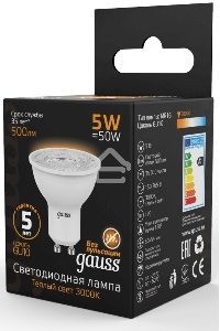 Лампа светодиодная Gauss Black 5Вт цок.:GU10 рефлектор 220B 3000K св.свеч.бел.теп. MR16 (упак.:10шт) (101506105)