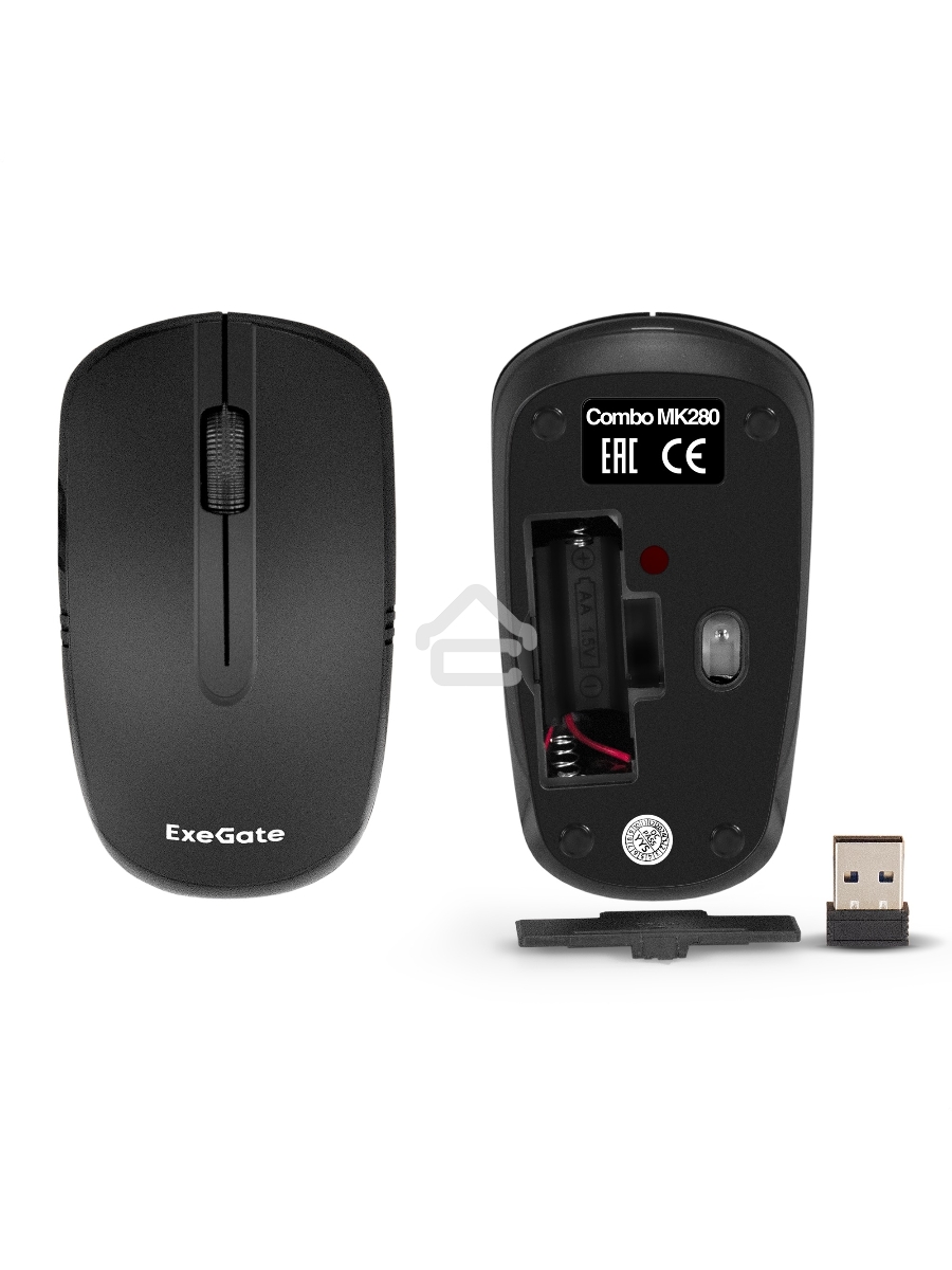 Комплект беспроводной ExeGate Professional Standard Combo MK280 (клавиатура полноразмерная влагозащищенная 104кл. + мышь оптическая 1000dpi, 3 кнопки и колесо прокрутки; USB, радиоканал 2,4 ГГц, радиус действия до 10м, черный, Color Box)