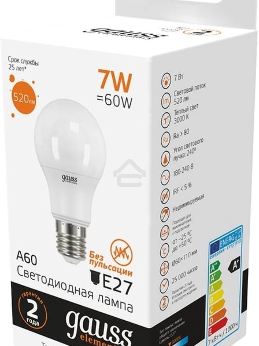 Светодиодная лампа GAUSS 23217A LED Elementary A60 7W E27 520lm 2700K 1/10/100 0