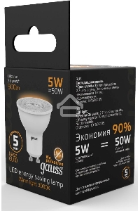 Лампа светодиодная Gauss Black 5Вт цок.:GU10 рефлектор 220B 3000K св.свеч.бел.теп. MR16 (упак.:10шт) (101506105)