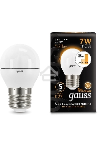 Лампа светодиодная Gauss Black 6.5Вт цок.:E27 шар 220B 3000K св.свеч.бел.теп. G45 (упак.:10шт) (105102107)